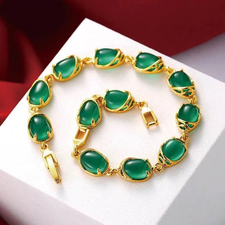 ( 18 cm   3 cm ) Blood-Red / Green Water Stone Bracelet For Women Original Designs Fashion Jewelry 24 k Pure Gold Color