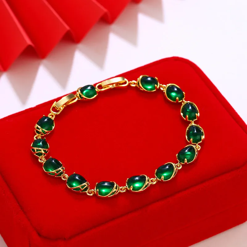 ( 18 cm   3 cm ) Blood-Red / Green Water Stone Bracelet For Women Original Designs Fashion Jewelry 24 k Pure Gold Color