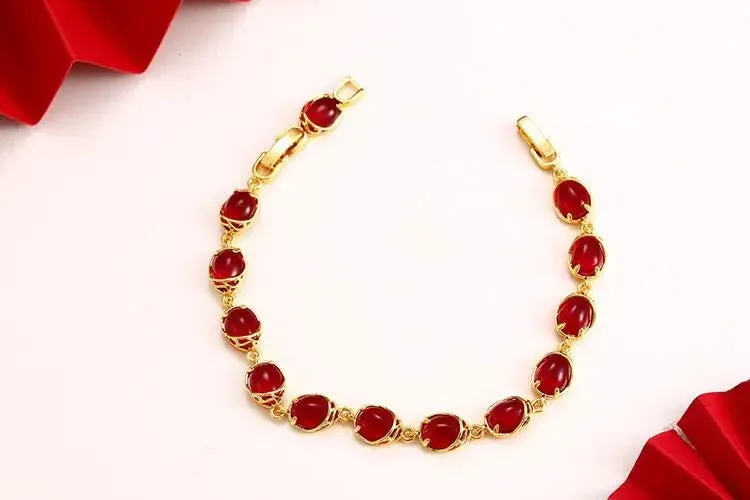 ( 18 cm   3 cm ) Blood-Red / Green Water Stone Bracelet For Women Original Designs Fashion Jewelry 24 k Pure Gold Color