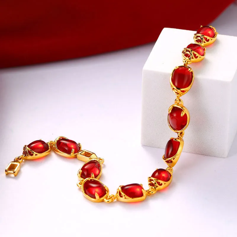 ( 18 cm   3 cm ) Blood-Red / Green Water Stone Bracelet For Women Original Designs Fashion Jewelry 24 k Pure Gold Color