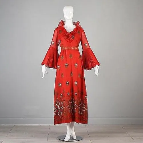 1970s Bright Red Alfred Shaheen Maxi Dress with Bell Sleeves