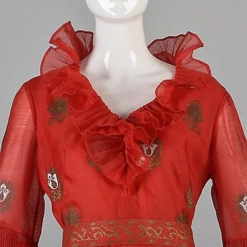 1970s Bright Red Alfred Shaheen Maxi Dress with Bell Sleeves