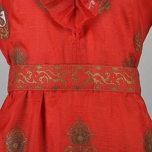 1970s Bright Red Alfred Shaheen Maxi Dress with Bell Sleeves