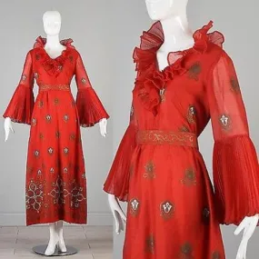 1970s Bright Red Alfred Shaheen Maxi Dress with Bell Sleeves
