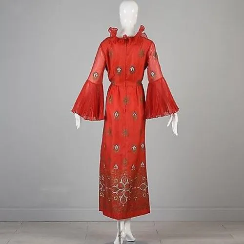 1970s Bright Red Alfred Shaheen Maxi Dress with Bell Sleeves