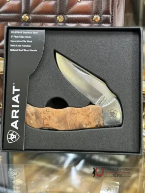ARIAT NATURAL BURL WOOD STAINLESS STEEL POCKET KNIFE