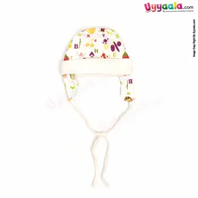 Banana Baby Fancy Round Cap Tying Model for Babies with with Alphabets & Vegetables Print,0-12m Age- White