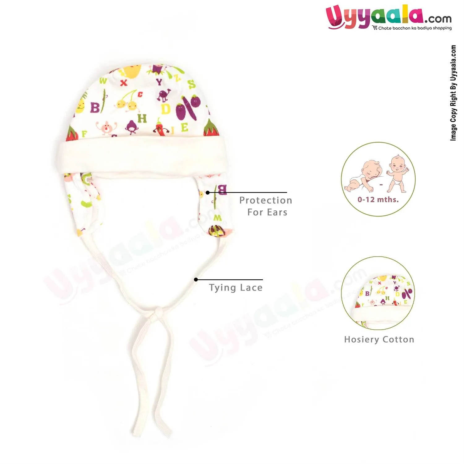 Banana Baby Fancy Round Cap Tying Model for Babies with with Alphabets & Vegetables Print,0-12m Age- White