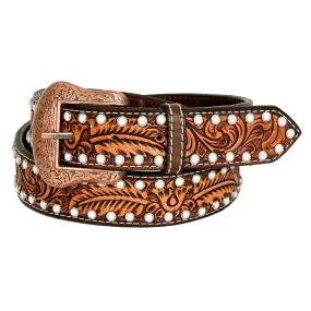 BAR H EQUINE Floral Leaf White Crystal Hand Carved Western Leather Men And Women Belt Brown