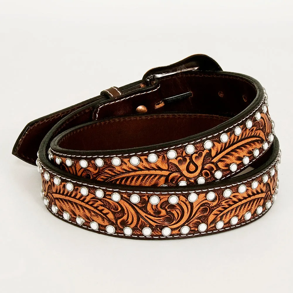 BAR H EQUINE Floral Leaf White Crystal Hand Carved Western Leather Men And Women Belt Brown