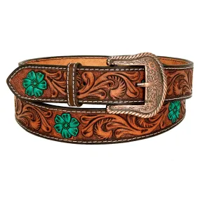 BAR H EQUINE Turquoise Flower Hand Painted Western Leather Men And Women Belt Brown