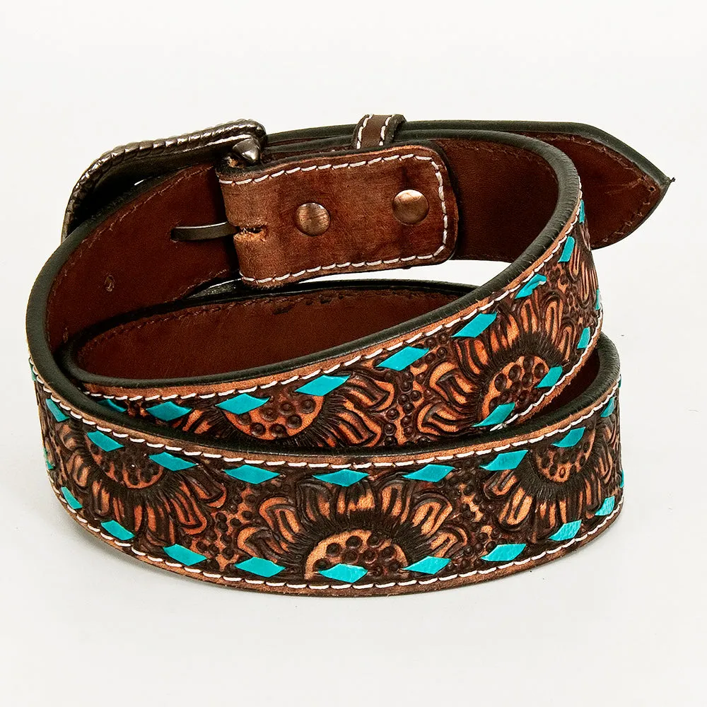 BAR H EQUINE Turquoise Sunflower Floral Hand Carved Western Fashion Premium Leather Belt Brown