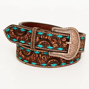 BAR H EQUINE Turquoise Sunflower Floral Hand Carved Western Fashion Premium Leather Belt Brown