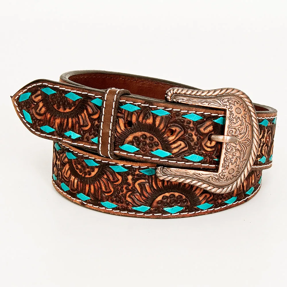 BAR H EQUINE Turquoise Sunflower Floral Hand Carved Western Fashion Premium Leather Belt Brown