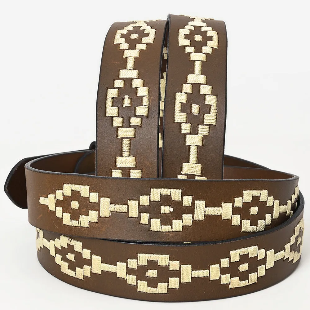 BAR H EQUINE Western Genuine Leather Men And Women Belt Embroidered White