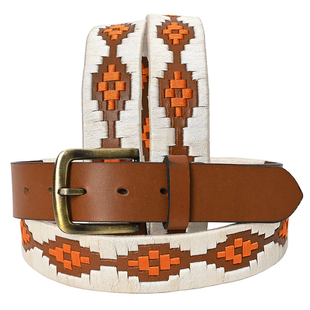 BAR H EQUINE Western Genuine Leather Men And Women Brown Belt Embroidered White & Orange