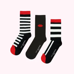 BLACK CHALK AND RED STRIPE LIP ANKLE SOCKS - 3 PAIRS