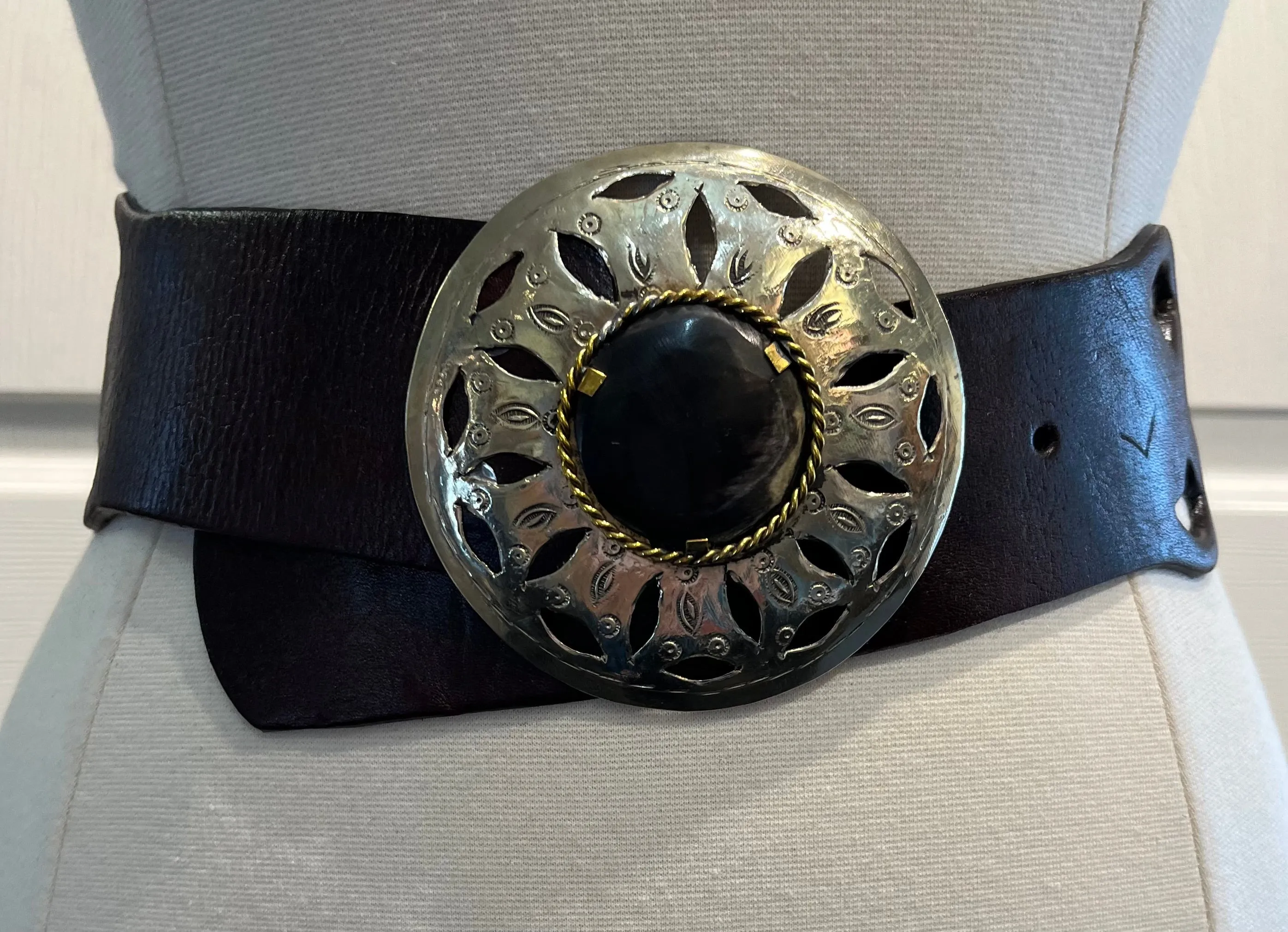 Chocolate Brown Moroccan Leather Belt w/ Round SILVER Buckle