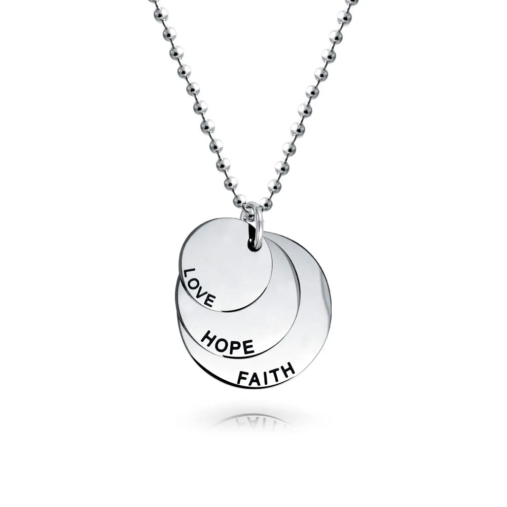 Circle Inspirational Pendant Necklace Faith Hope Love Disc Silver Tone Stainless Steel