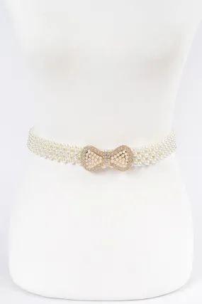 Elastic Pearl Waist Belt W/ribbon Buckle