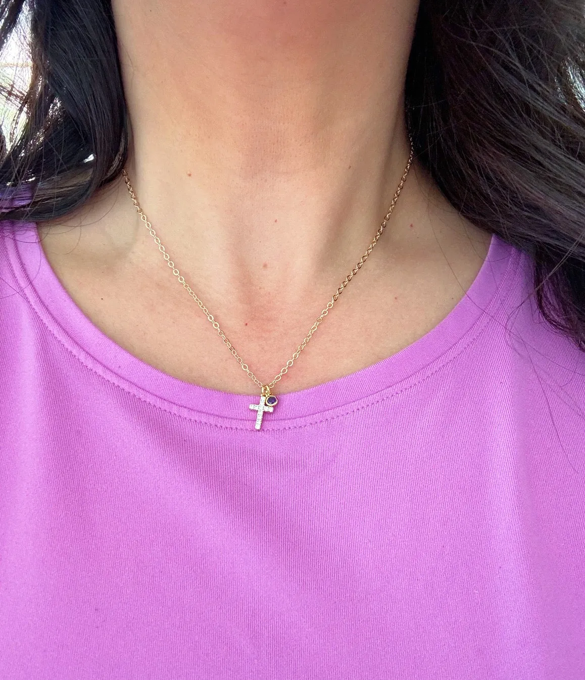 Gold Cross Necklace, Personalized Religious Jewelry, Birthstone Necklace