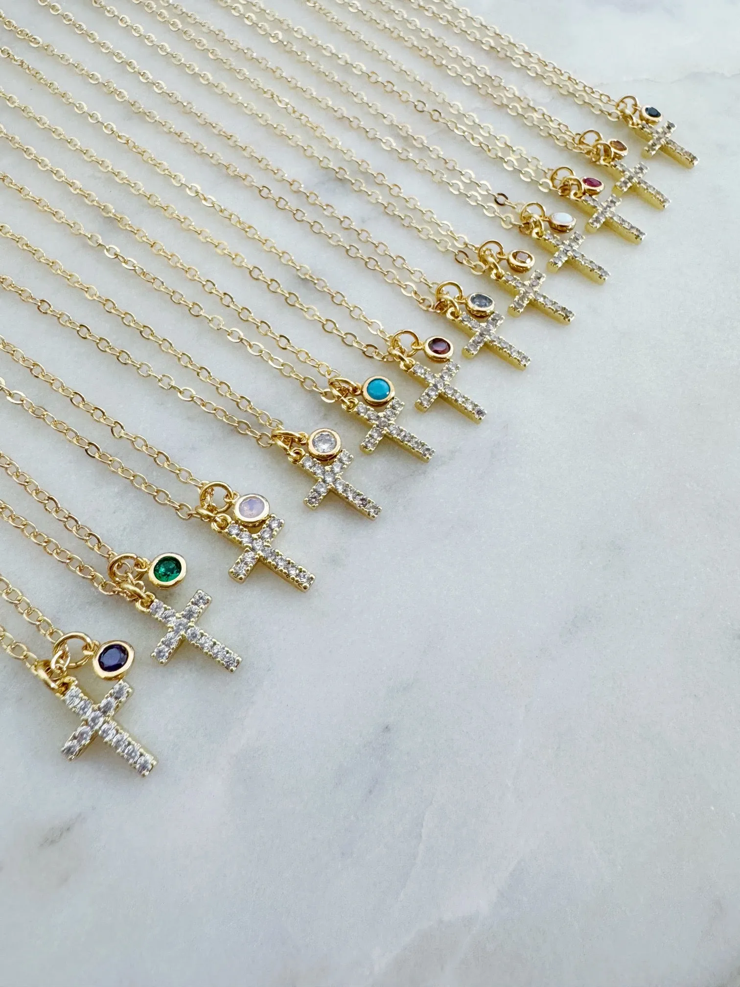 Gold Cross Necklace, Personalized Religious Jewelry, Birthstone Necklace