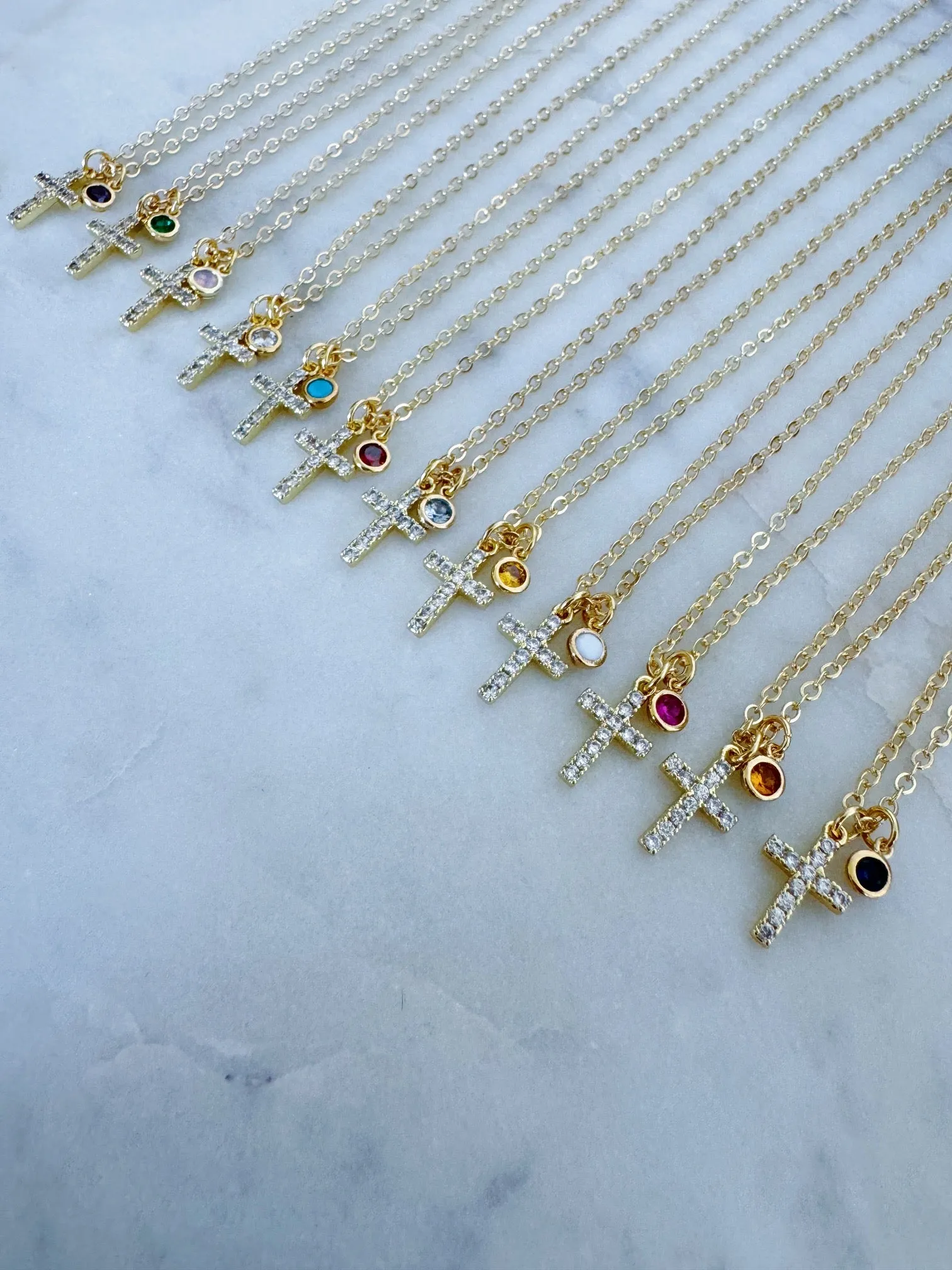 Gold Cross Necklace, Personalized Religious Jewelry, Birthstone Necklace