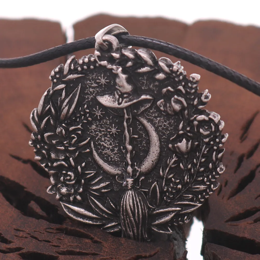 Halloween Moon Wizard Hat Pendant & Witch Broom Gothic Necklace for Men