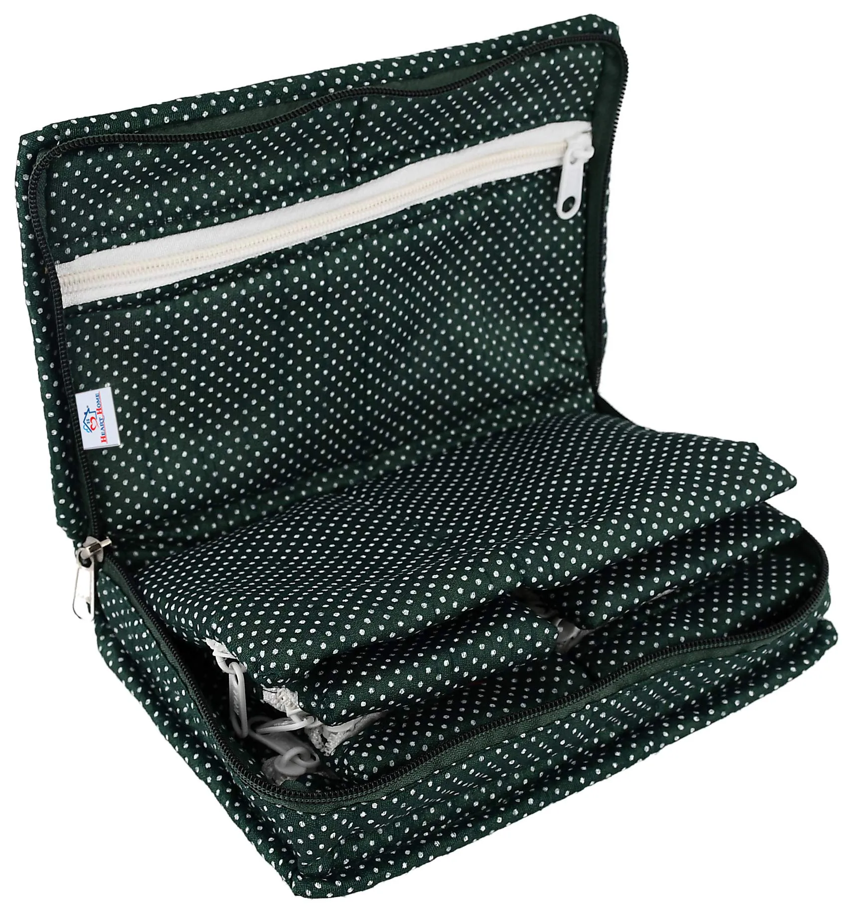 Heart Home Cotton Multipurpose 7 Pocket Dot Printed Jewellery Storage Bag Pouch/Travel Kit Organizer (Green & Purple)-Pack of 2-HHEART15453
