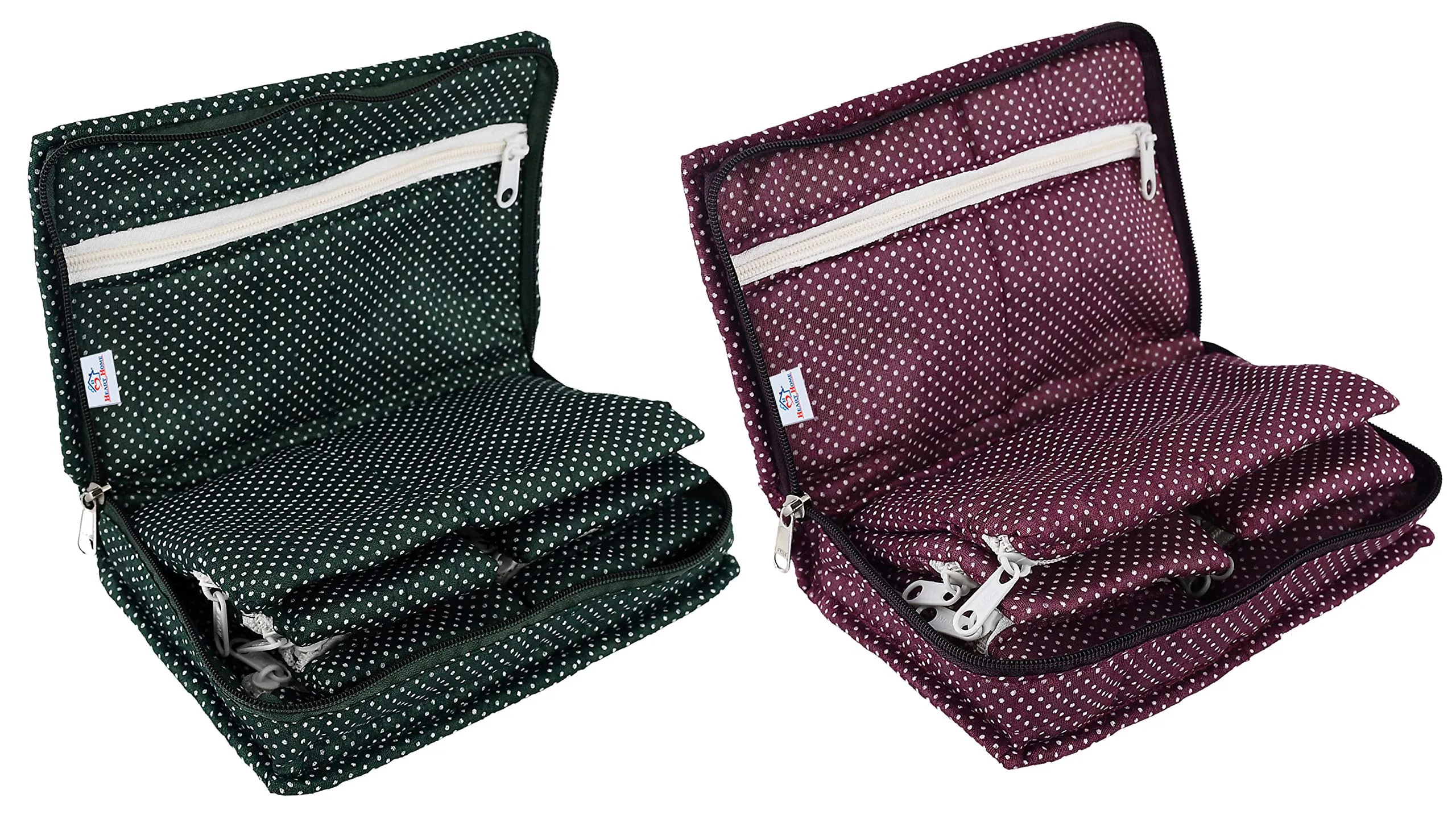Heart Home Cotton Multipurpose 7 Pocket Dot Printed Jewellery Storage Bag Pouch/Travel Kit Organizer (Green & Purple)-Pack of 2-HHEART15453