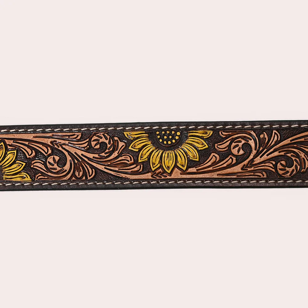 Hilason Western Floral Hand Painted Carved Genuine Leather Belt Brown / Yellow