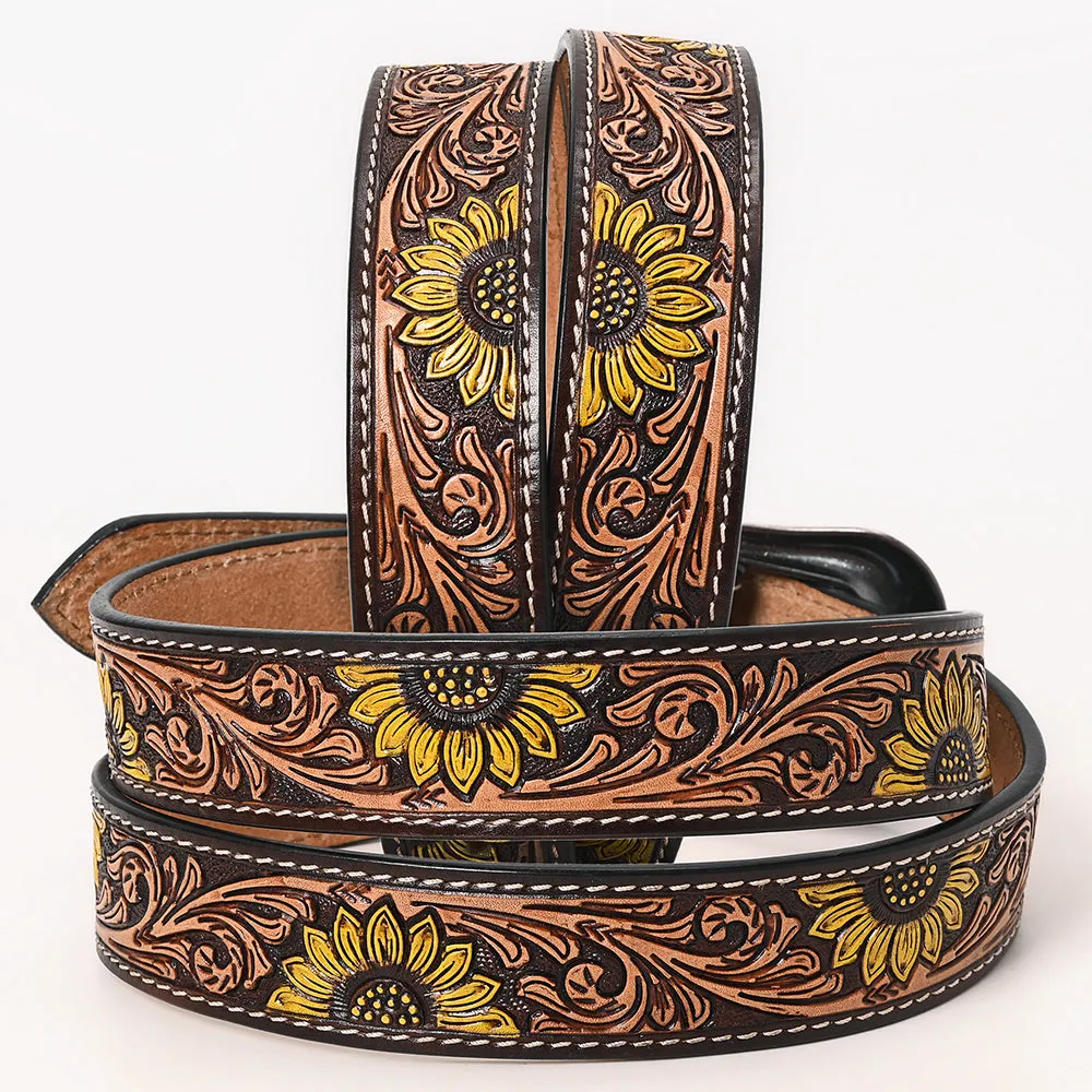 Hilason Western Floral Hand Painted Carved Genuine Leather Belt Brown / Yellow