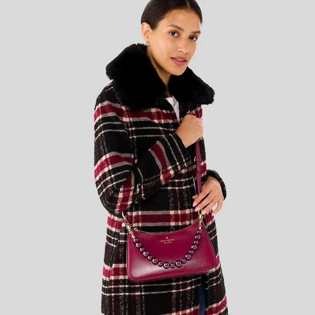 KATE SPADE Madison Faux Pearl Medium Convertible Crossbody Bag Dark Raspberry RB-KI932