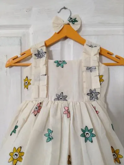 Off White Pure Cotton Cute Floral Print Frock