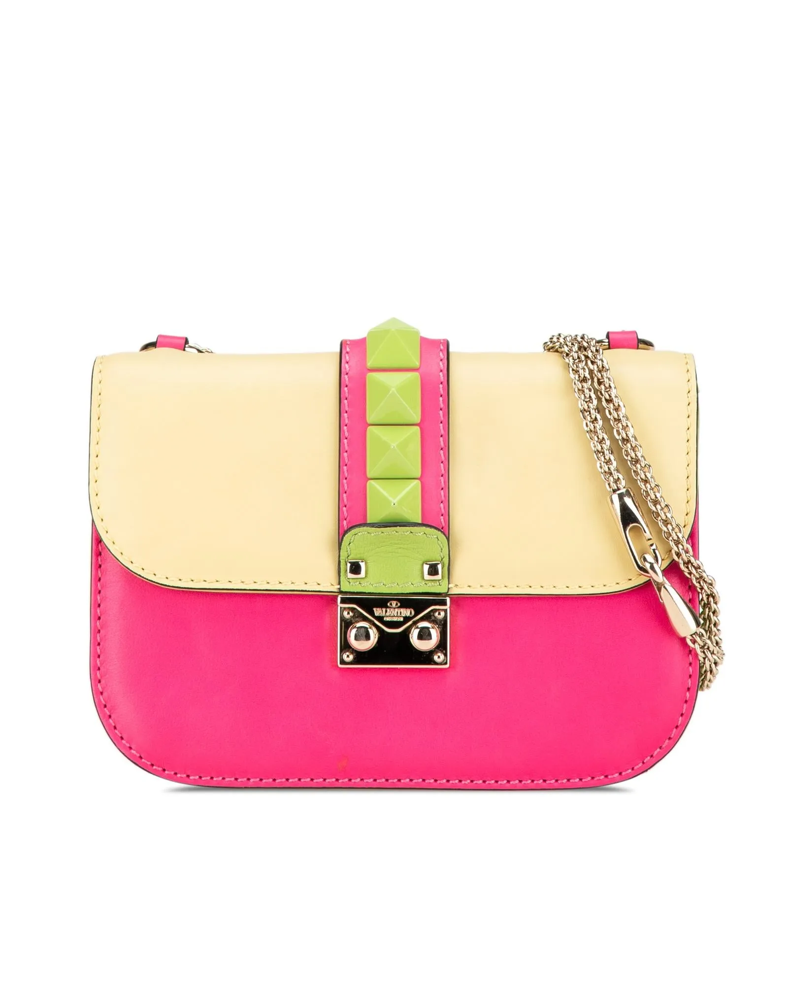 Small Tricolor Leather Rockstud Glam Lock Crossbody Bag
