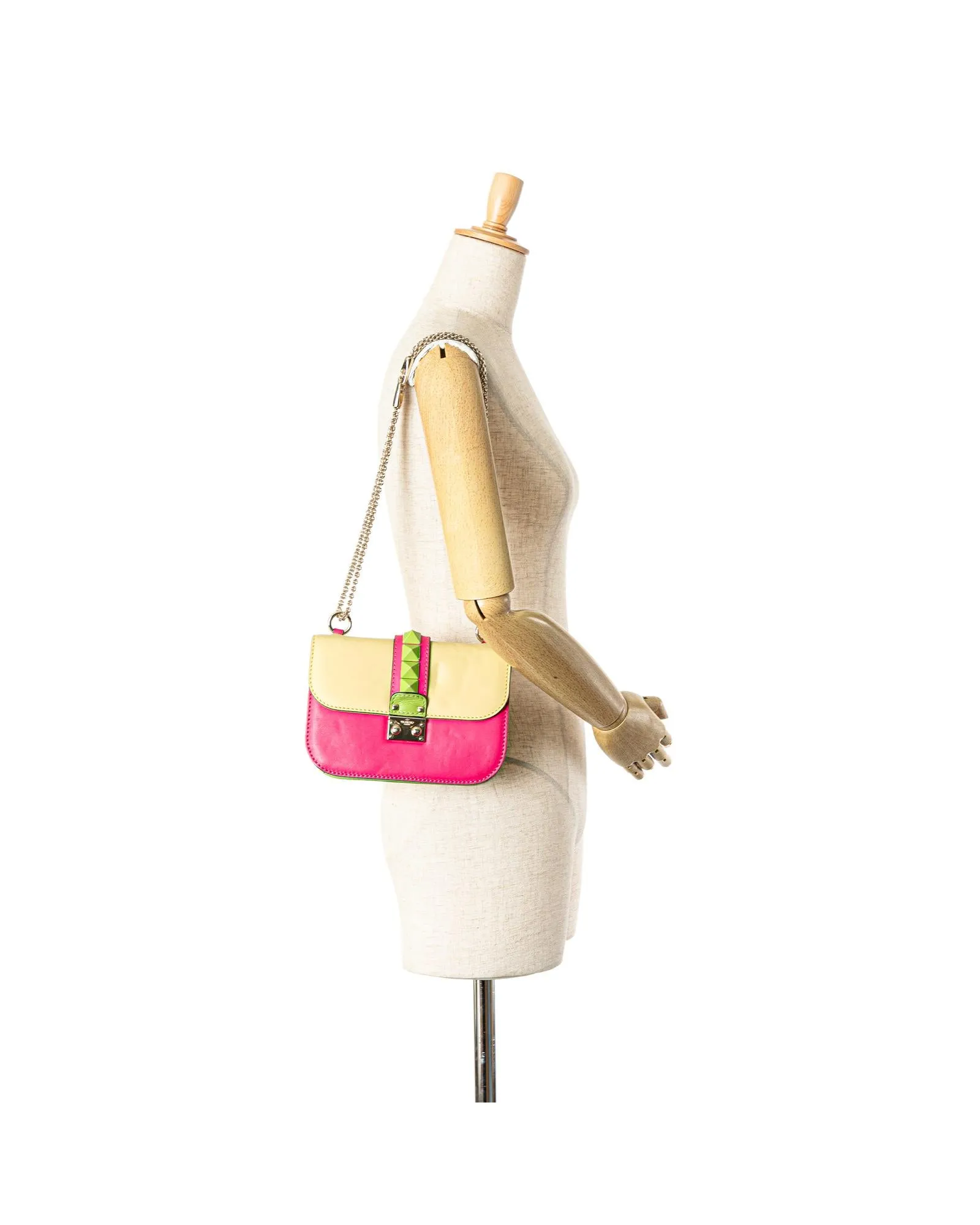 Small Tricolor Leather Rockstud Glam Lock Crossbody Bag