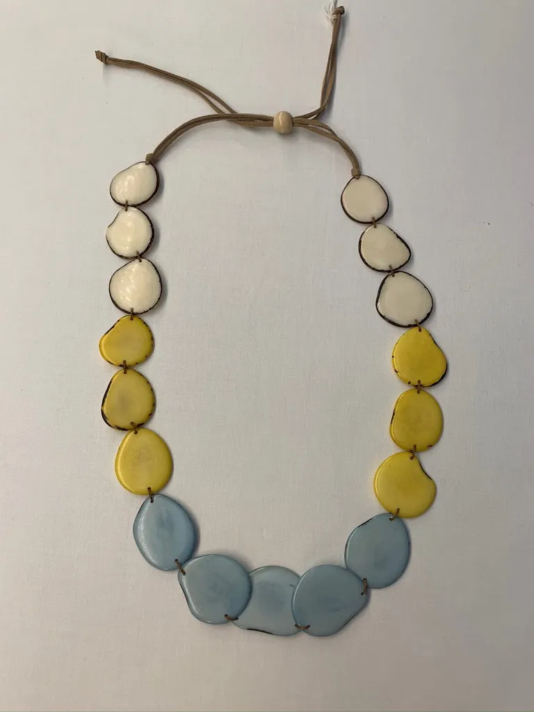 Tagua Organic Fair Trade Necklace in Cream, Yellow and Blue