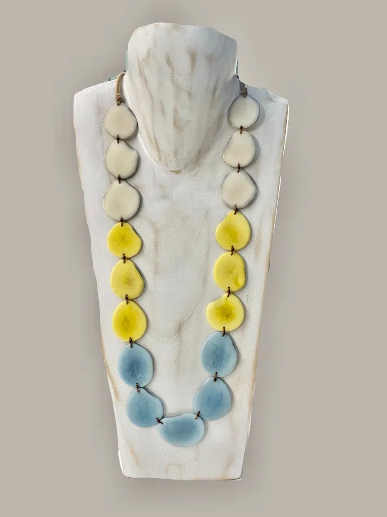 Tagua Organic Fair Trade Necklace in Cream, Yellow and Blue