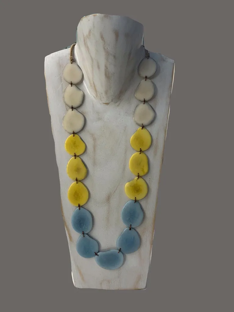 Tagua Organic Fair Trade Necklace in Cream, Yellow and Blue