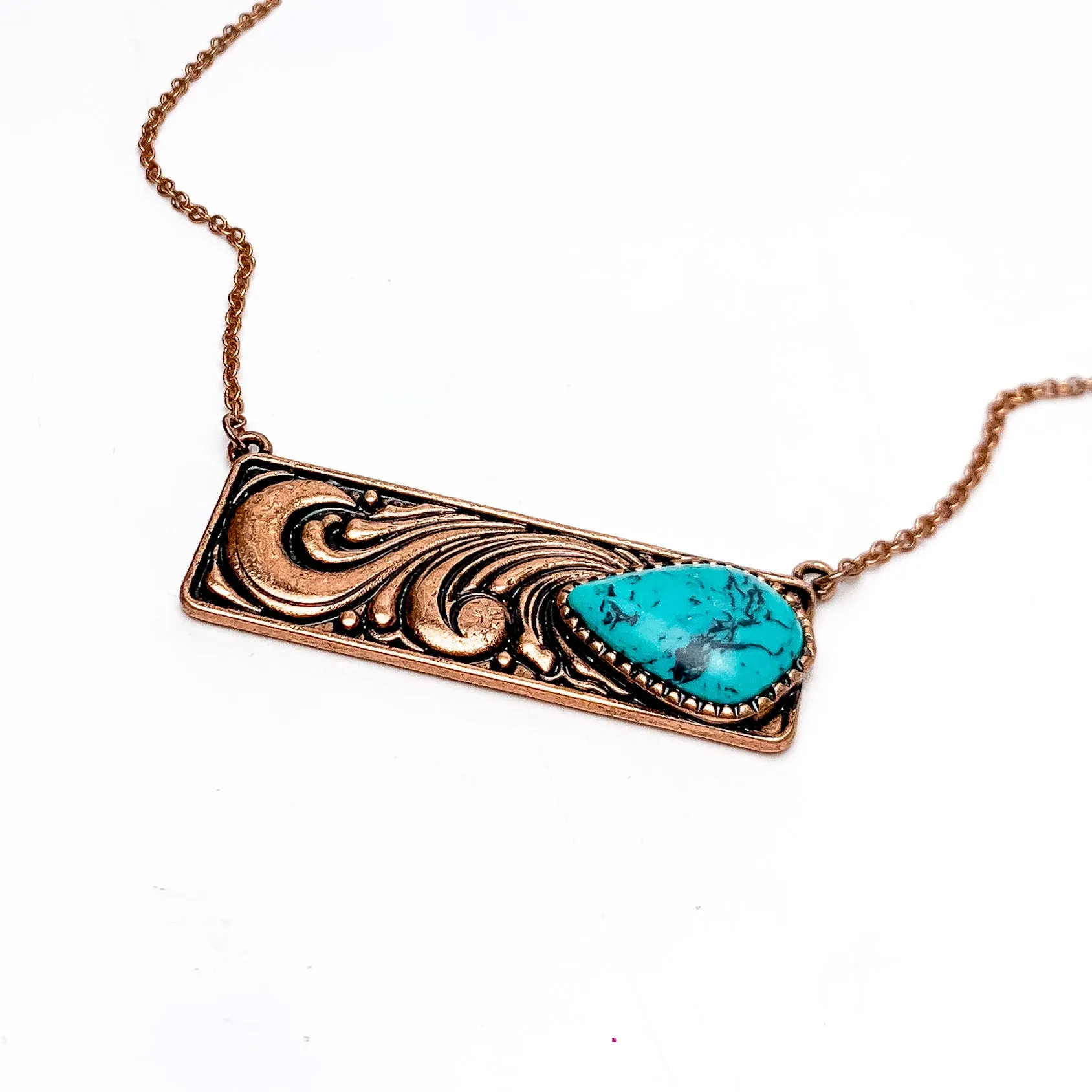 Western Swirl Copper Tone Necklace With Bar Pendent and Turquoise Blue Stone