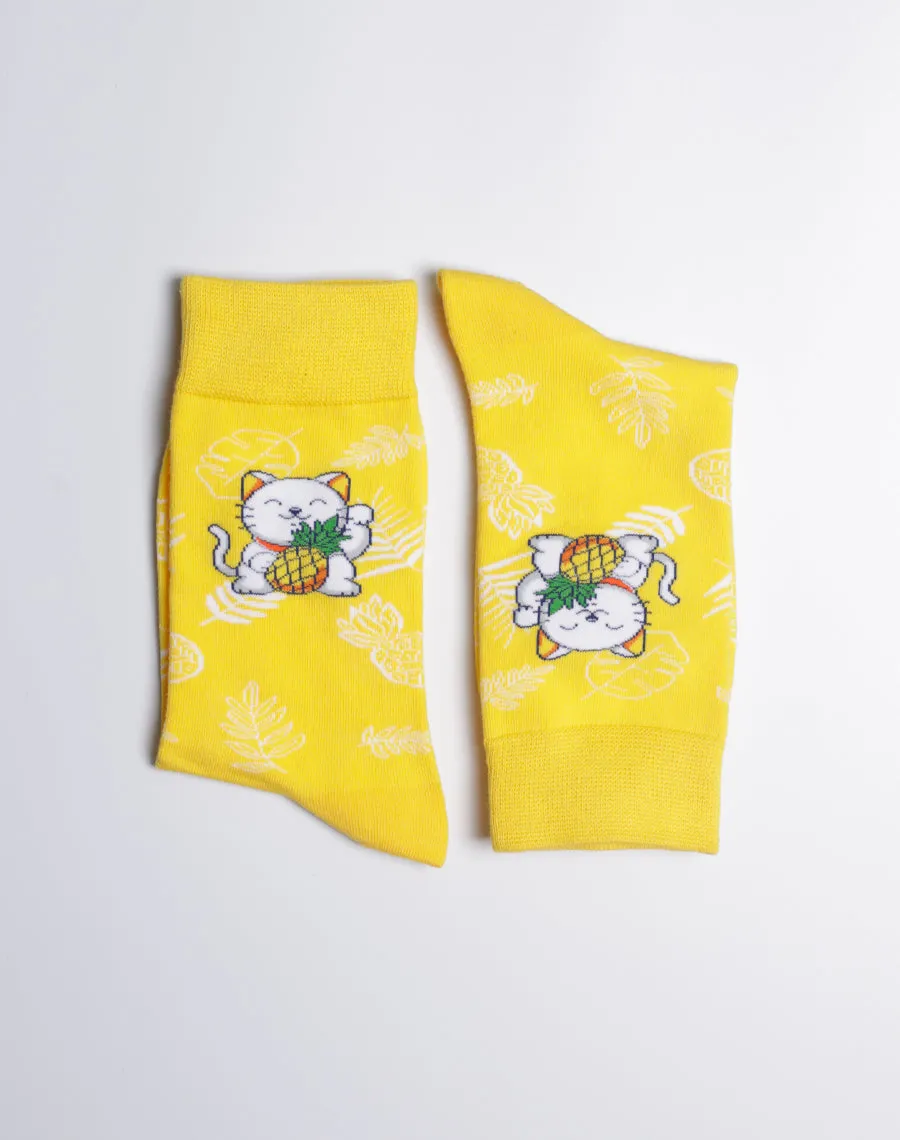 Women's Pineapple Prosperity Cat Crew Socks