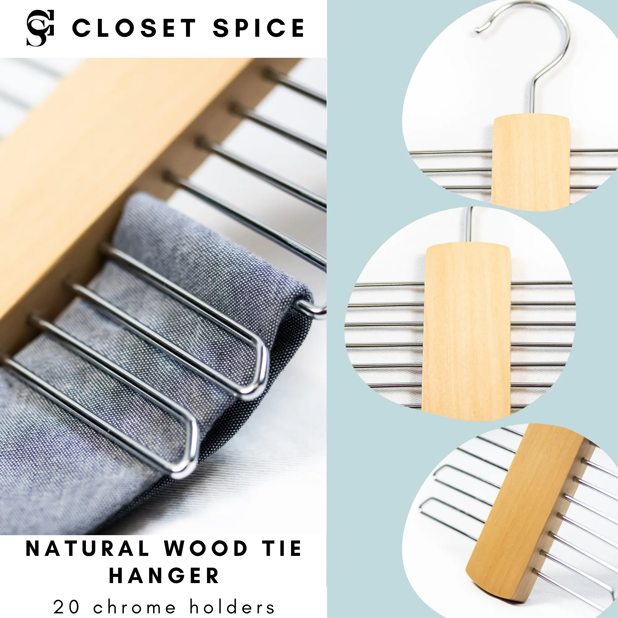 Wood Tie Hanger with 20 Holders (Natural)