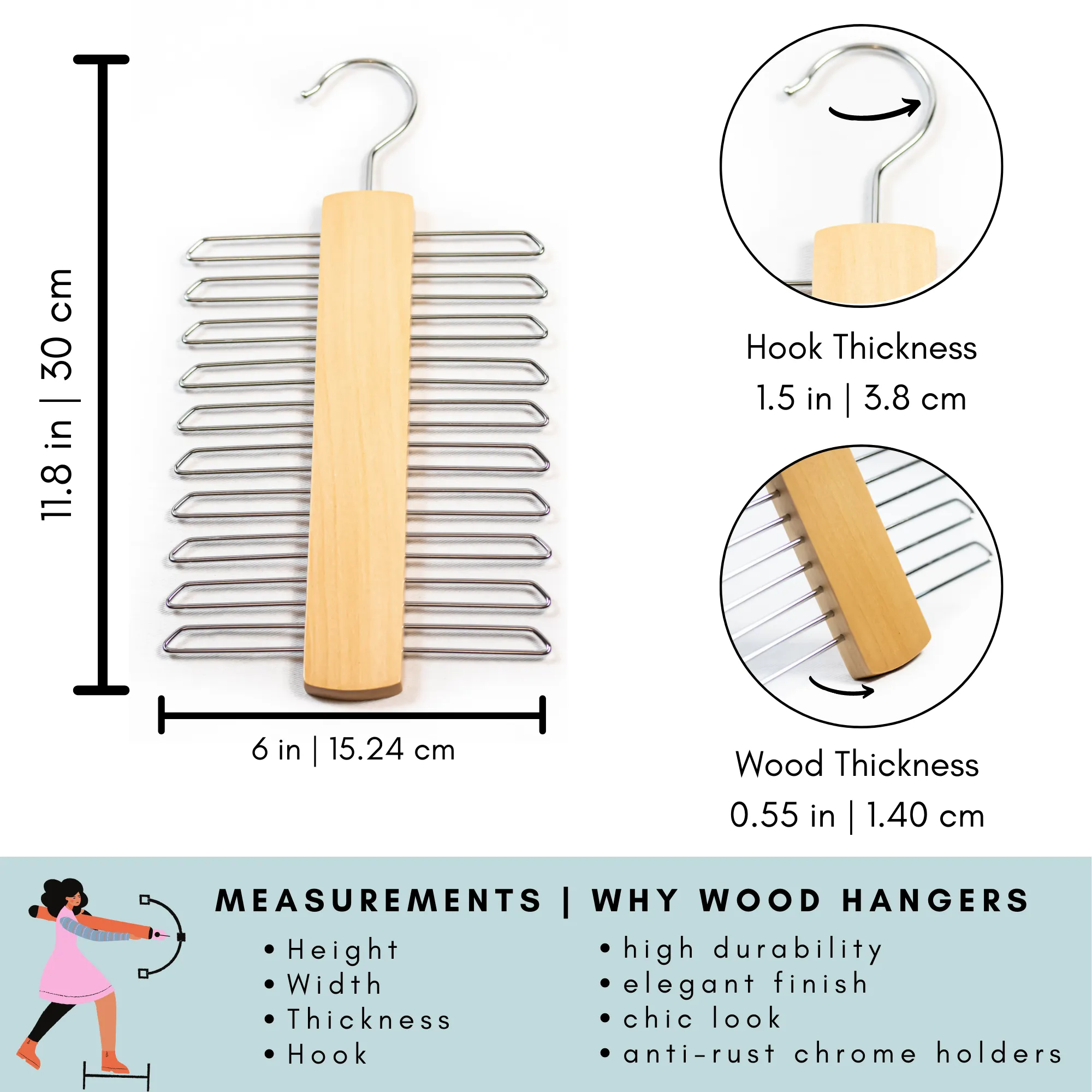 Wood Tie Hanger with 20 Holders (Natural)