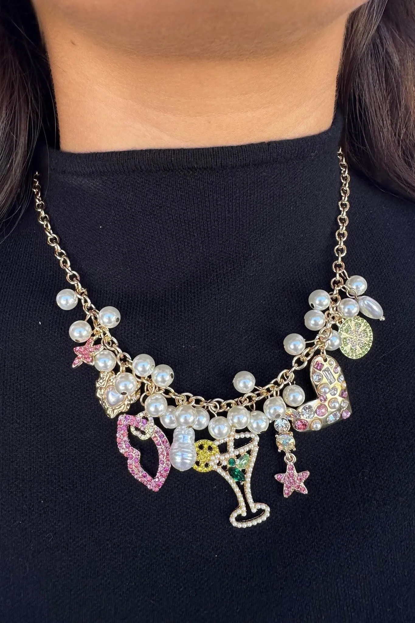 You Had Me At Martini Pearl Charm Necklace & Earring Set